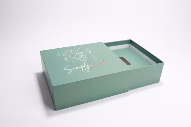 Custom printed sage green sliding drawer gift box with dog line art logo