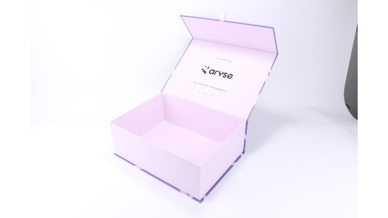 Magnetic closure custom rigid box, pastel pink interior with brand printing inside lid