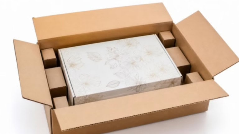 This brown corrugated shipping box is equipped with customized corrugated buffer blocks inside, which tightly fix the inner printed gift box to resist collision and extrusion during long-distance transportation. As the outer protective layer of finished foodstuff packaging, the shipping box provides shock absorption and anti-pressure protection for high-end snack, pastry and gift boxes in logistics delivery.