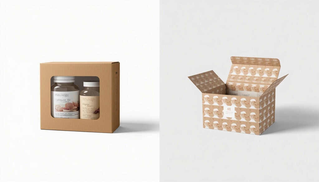Side-by-side comparison of window display kraft box and open printed blind box packaging