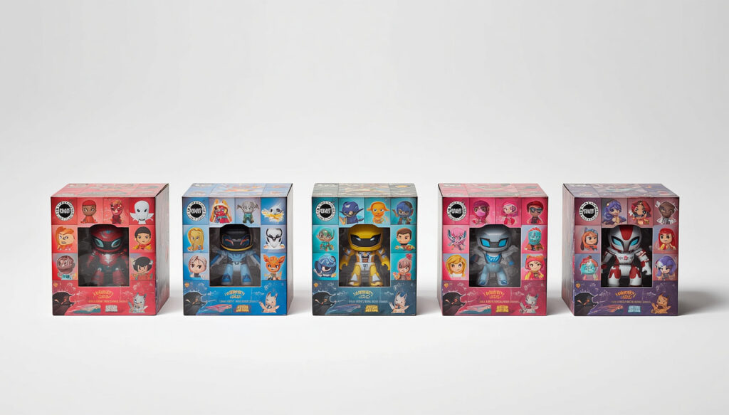 Five colorful cartoon robot figure blind box gift boxes lined up on plain white background