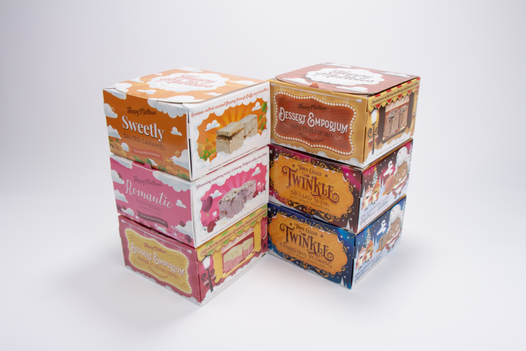 Six stacked dessert themed custom blind box packages with varied flavor label artworks