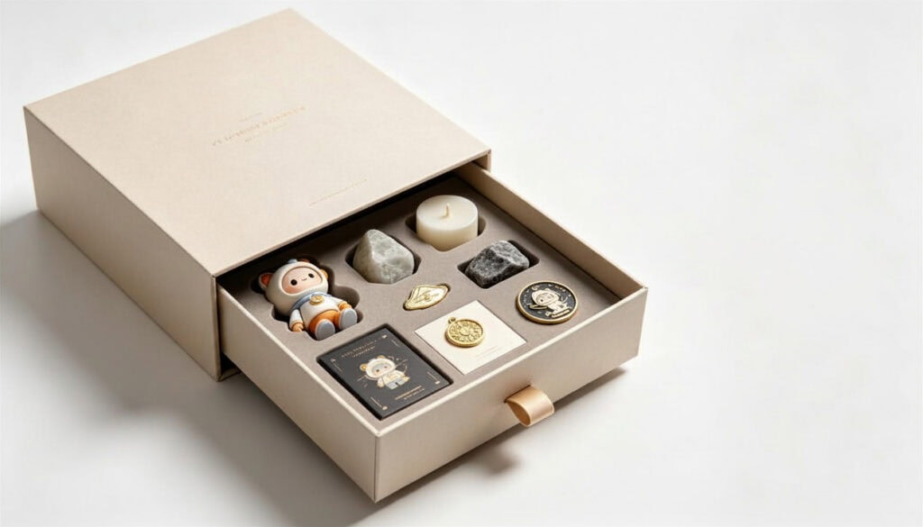 Custom blind box pull drawer gift set with astronaut doll, candle, stones and commemorative metal coins