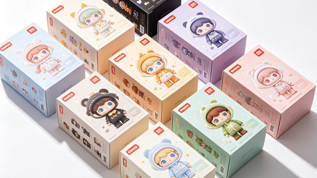Assortment of pastel cartoon character toy blind boxes arranged on clean white background