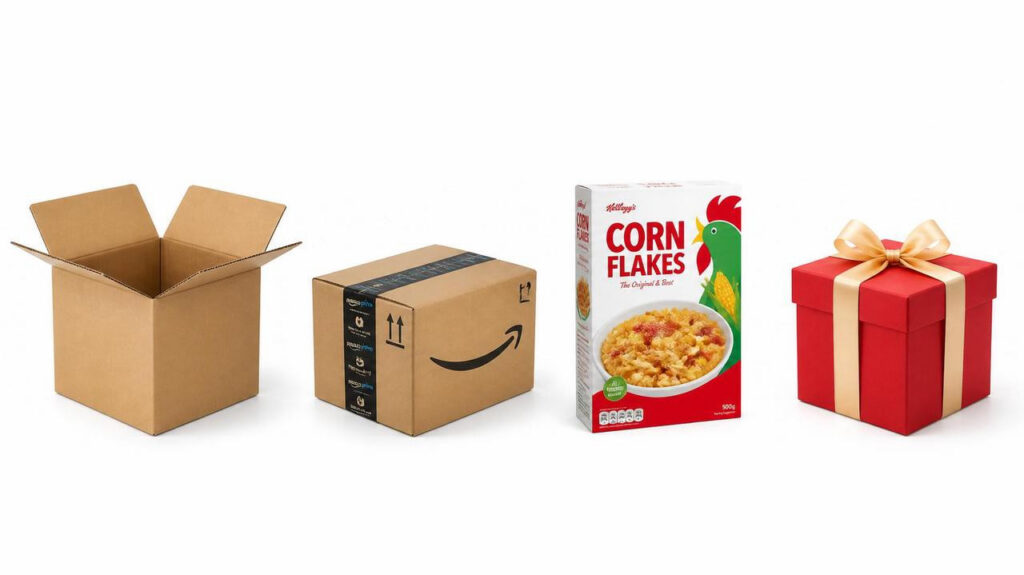 Display of blank open corrugated shipping carton, Amazon branded delivery box, corn flakes food carton and red rigid gift box with gold ribbon, general cardboard packaging for shipping & gift packaging scenarios