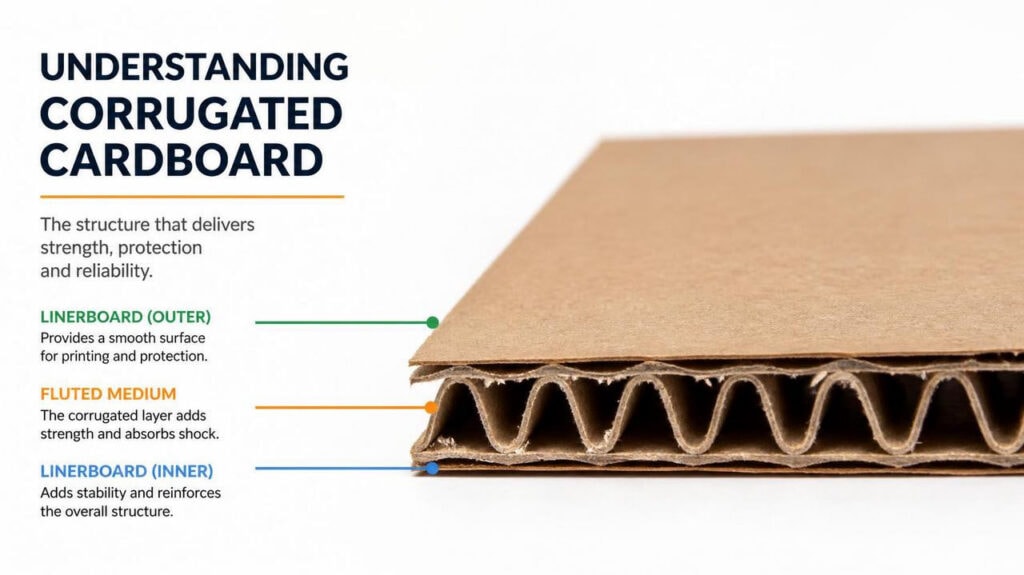 Cross-section schematic of three-layer corrugated cardboard structure with marked outer liner, fluted medium and inner liner, explaining shock-resistant structural principle of cardboard packaging & paperboard packaging