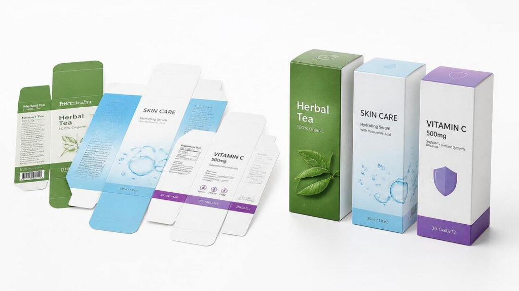 Die-cut templates and finished vertical folding cartons for herbal tea, hydrating serum and vitamin C supplements, customized paperboard packaging printing solution for cosmetic & healthcare product packaging