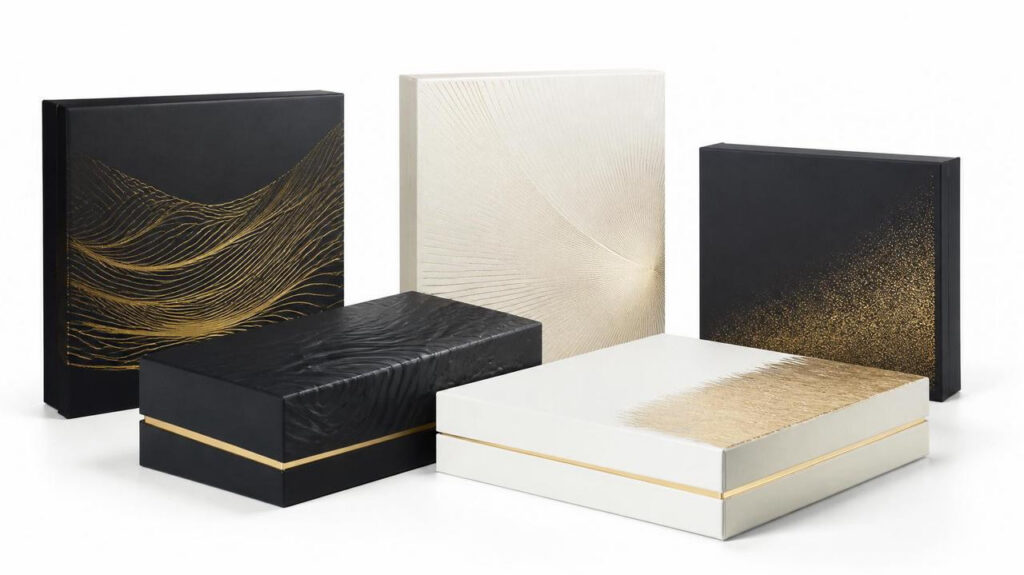 Premium two-piece rigid boxes with gold foil streamline patterns and gold dust gradient textures on black & white base, luxury gift-grade cardboard packaging for high-end present packaging