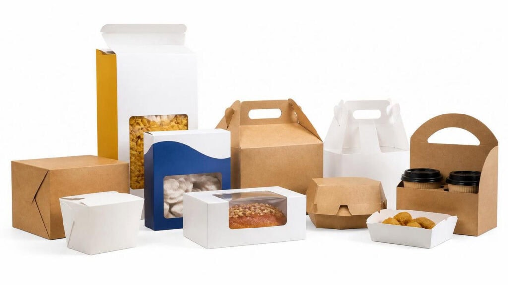 Multiple kraft & white paper containers including window dessert boxes, handheld cake boxes, coffee carriers and fried food trays, full-category paperboard packaging for food takeaway & bakery packaging