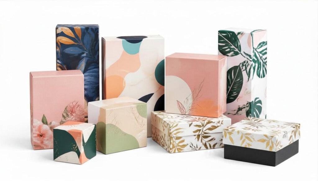 Multi-size two-piece gift cartons printed with Morandi tropical foliage, watercolor flower and geometric patterns, ins-style universal cardboard packaging for souvenir and gift packaging