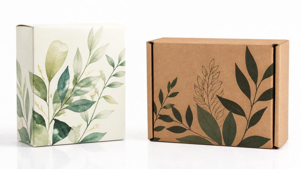 White carton printed with watercolor green leaves & kraft corrugated shipping box with dark hand-drawn leaf patterns, two styles of artistic Corrugated Box and Cardboard Box for both gift packaging and logistics transportation packaging