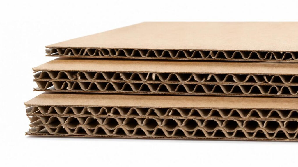Stacked raw kraft corrugated boards with three different flute structures, the basic raw material for manufacturing corrugated box and cardboard box, featuring shock absorption and compression resistance for packaging protection