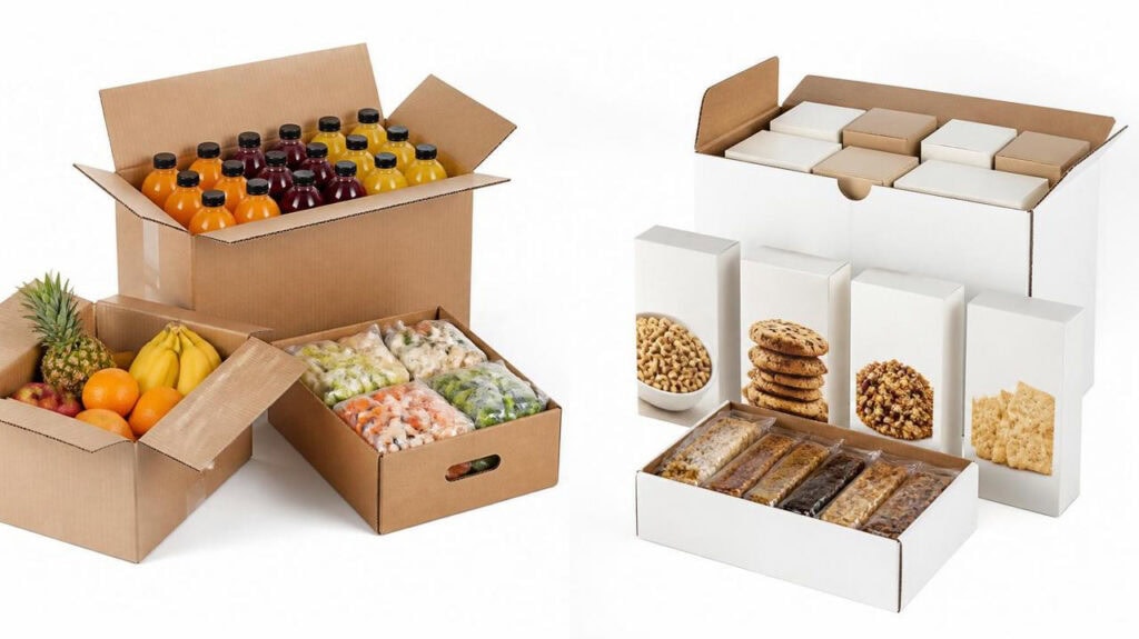 Natural kraft cardboard corrugated boxes filled with juice bottles, fresh fruits and frozen ingredients, white paperboard cartons holding cookies, nuts and grain bars, food delivery packaging containers made of cardboard and paperboard materials