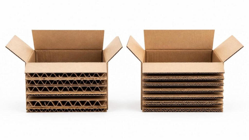 Cross-section display of two blank open natural kraft corrugated boxes with different corrugation layers, clearly showing the flute structure, which is the fundamental corrugated paper material for manufacturing finished cardboard box and logistics shipping packages