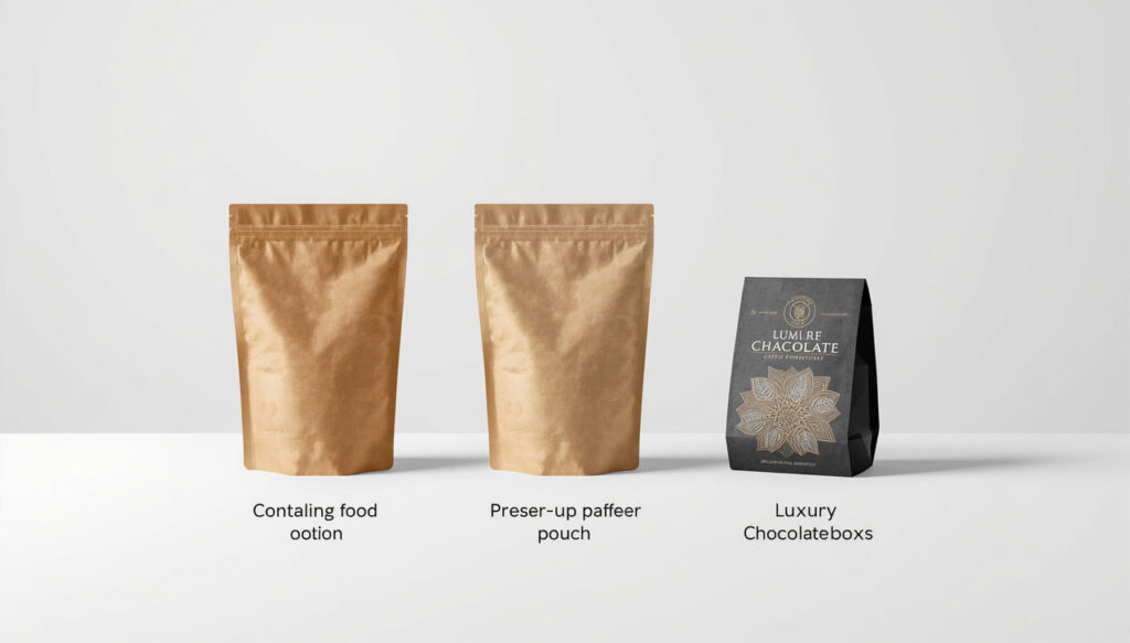 Kraft paper stand-up zipper food pouches & gold printed chocolate paper boxes, foodstuff packaging for snacks and treats, flexible paper-plastic packaging matched with cardboard box solutions