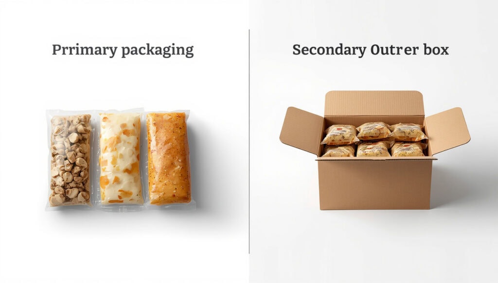 Dual-layer display of primary vacuum food pouches and secondary corrugated outer cartons, two-tier foodstuff packaging solution for fresh snacks, corrugated box used as protective outer paper packaging