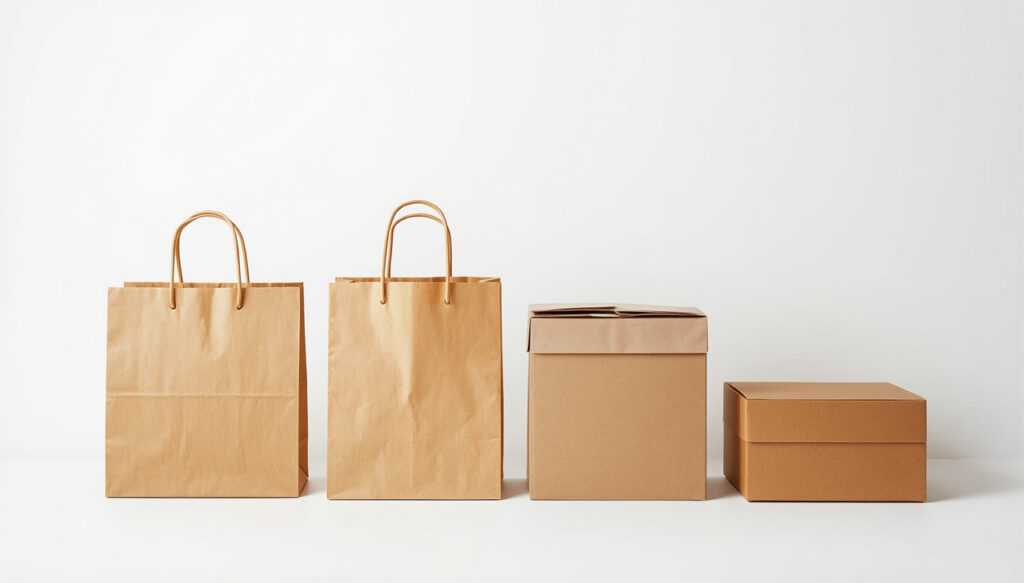 Set of natural kraft paper carry bags & two-piece rigid paper gift boxes, universal foodstuff packaging for food gifts, matched with cardboard box for complete food gift packaging sets
