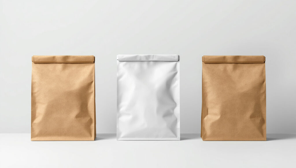 Brown & white kraft paper fold-top sealed food bags, moisture-proof sealed foodstuff packaging for bakery, dry goods and snacks, compatible with corrugated box for bulk shipping packaging