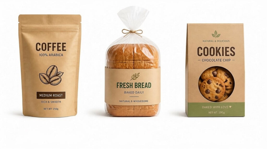 Three types of bakery & beverage foodstuff packaging including kraft stand-up coffee pouch, tie-sealed bread wrapper and window kraft cookie box, full eco kraft paper food packaging set, compatible with cardboard box and composite paper-plastic food dividing structures