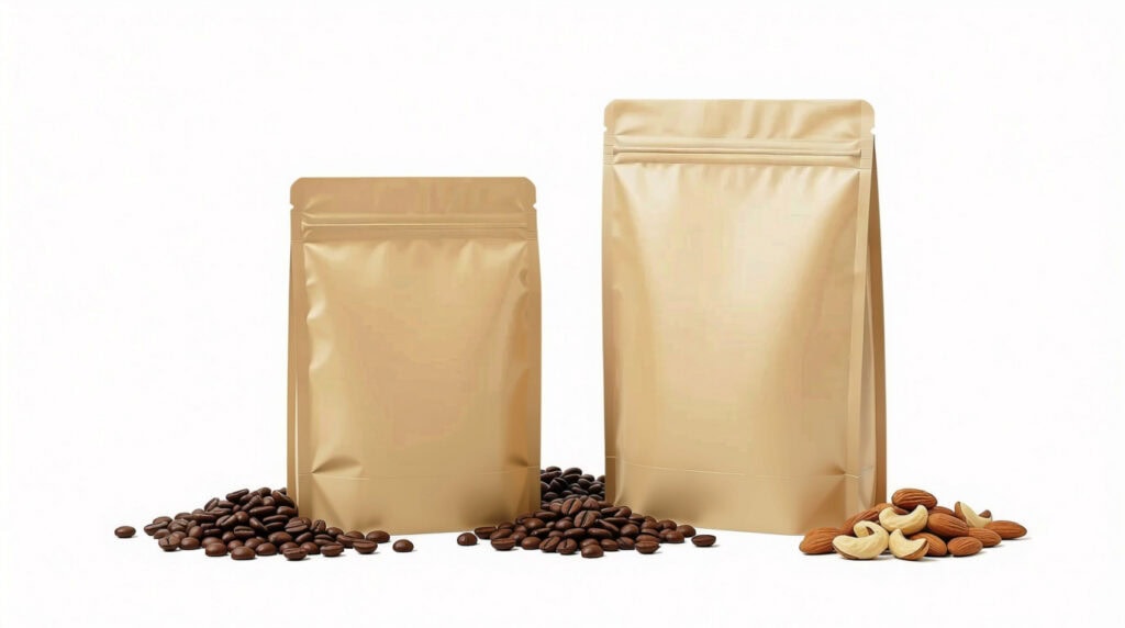 Two sizes blank kraft paper stand-up zipper pouches displayed with coffee beans and nuts, moisture-proof universal foodstuff packaging for dry snacks, compatible with corrugated box for bulk food raw material storage & shipping