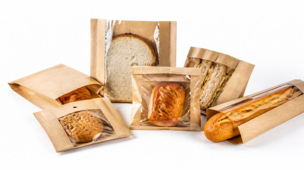 Collection of various window kraft paper bakery bread bags for toast, baguette and sandwiches, breathable foodstuff packaging for bakery shops, paper food packaging that can be matched with cardboard box for complete set delivery