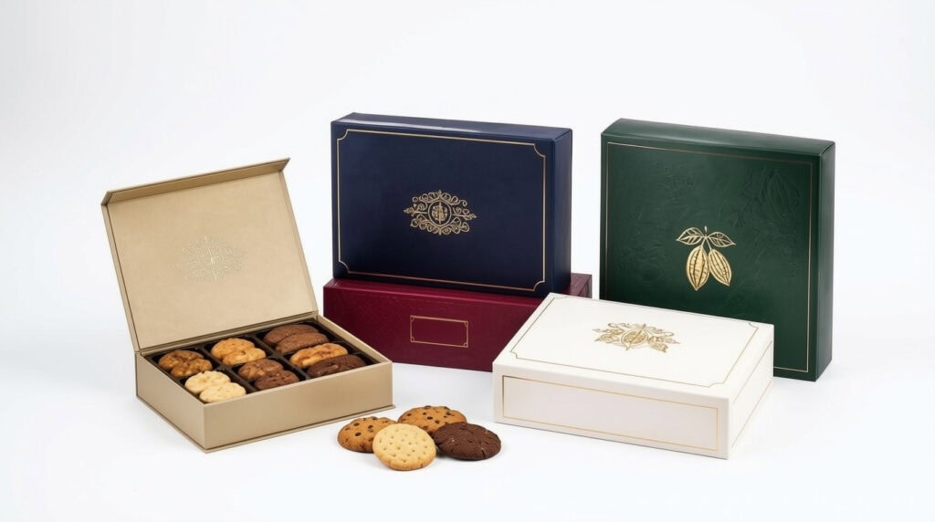 Multi-color gold foil flip rigid divided gift boxes for cookies, premium foodstuff packaging for pastries and chocolate, compartment insert cardboard box, ideal for holiday food gift packaging
