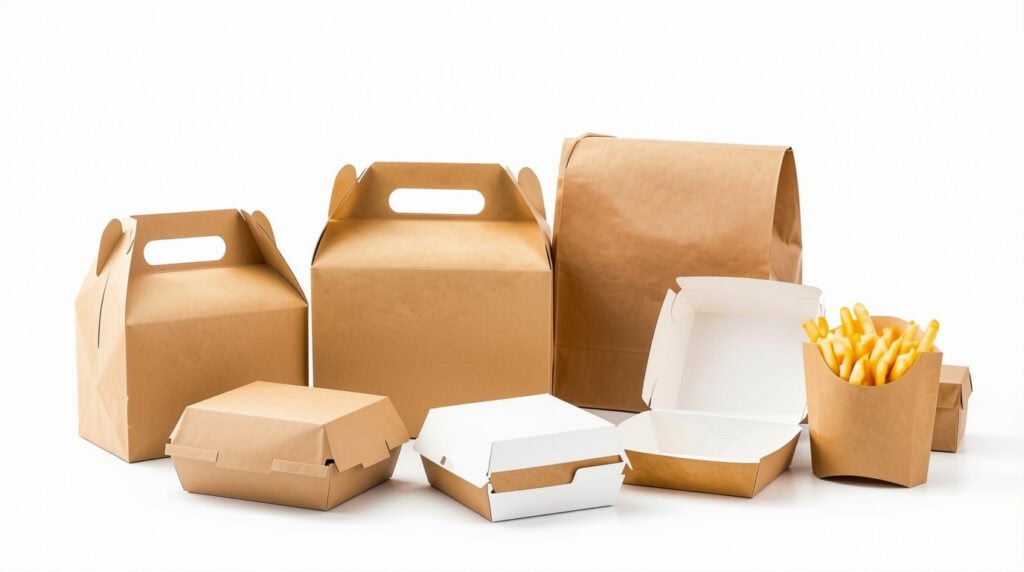 Full set of kraft paper takeaway containers including handled cake boxes, burger boxes, fry boxes and paper bags, commercial fast food foodstuff packaging, eco-friendly Paper Takeaway Packaging with custom brand printing available