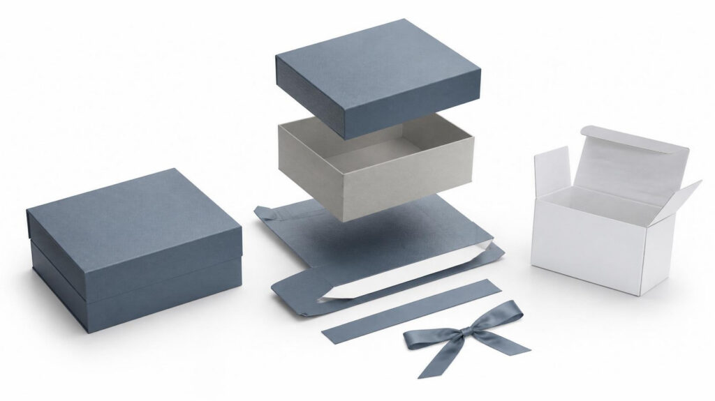 Custom rigid gift box exploded view, greyboard core, wrapping paper, ribbon and folding carton comparison