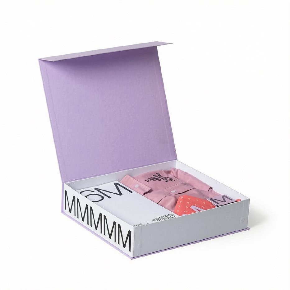 Custom branded magnetic flap rigid box, lilac inner lining for apparel clothing packaging