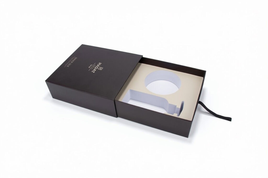 Custom slide out rigid gift box with pre-cut insert tray and brand logo printing