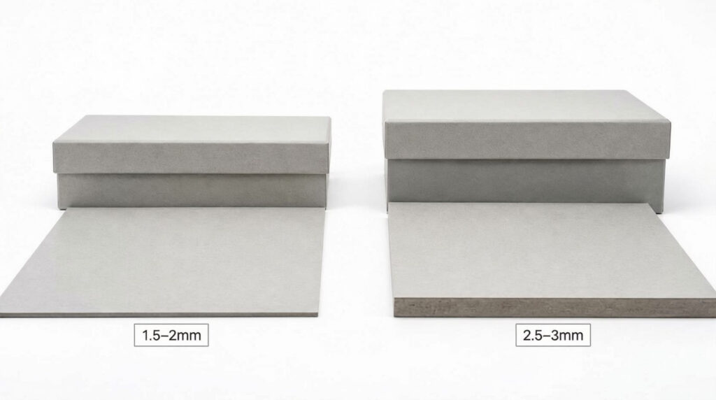 Custom rigid box greyboard thickness comparison, 1.5-2mm vs 2.5-3mm chipboard