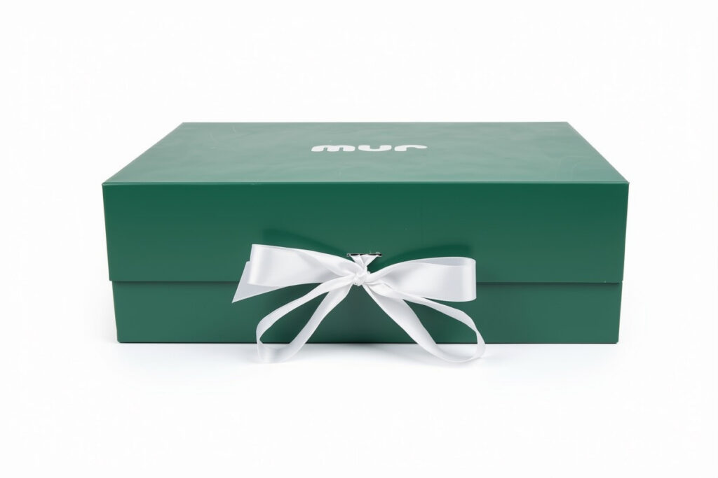Custom dark green magnetic closure rigid box with white satin ribbon bow & brand logo