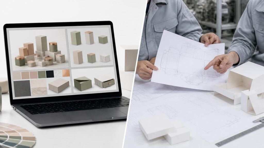 Custom packaging design workflow from AI mood board ideas to structural drawing & physical box production
