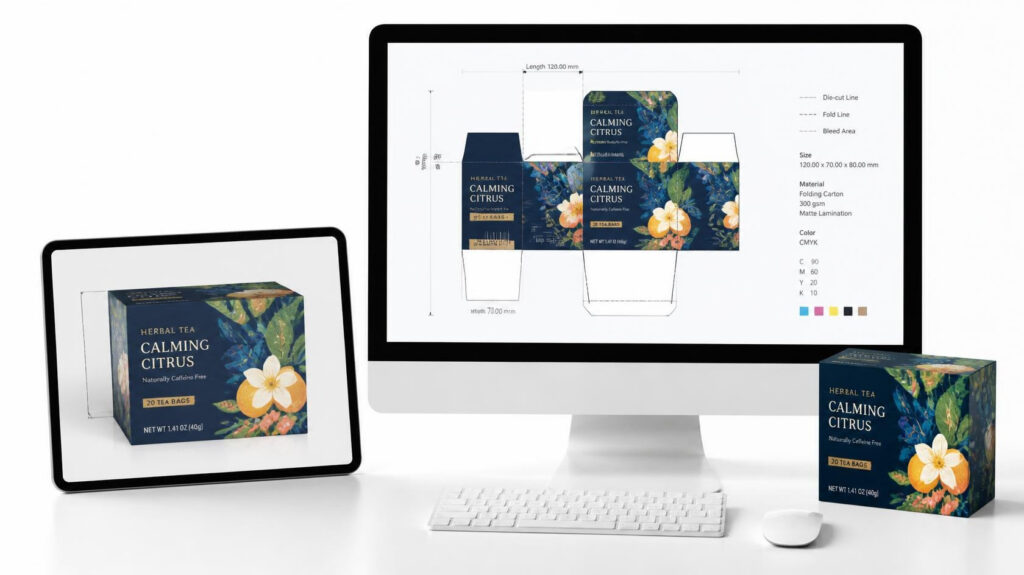 Packaging development journey: AI design inspiration, carton die-cut artwork, 3D mockup to finished herbal tea box production