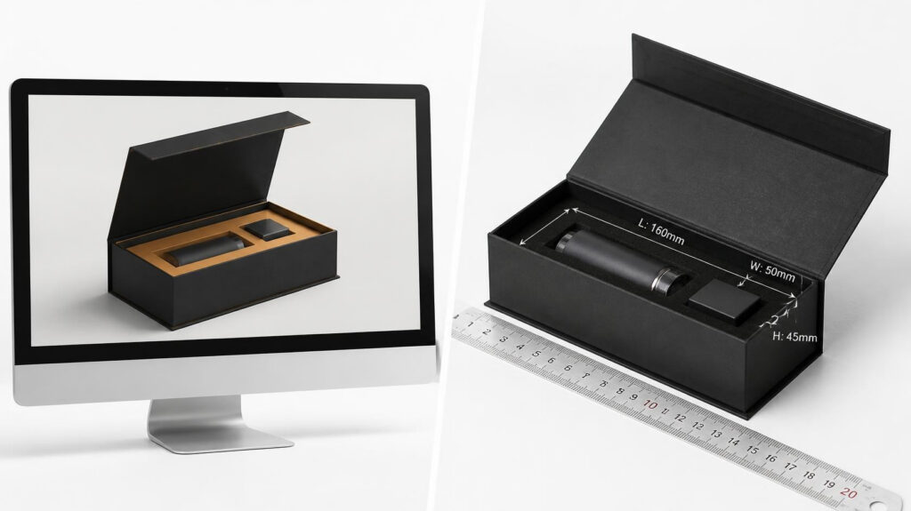 Luxury magnetic rigid box development: AI rendered 3D mockup contrasted with physical finished box with dimension calibration