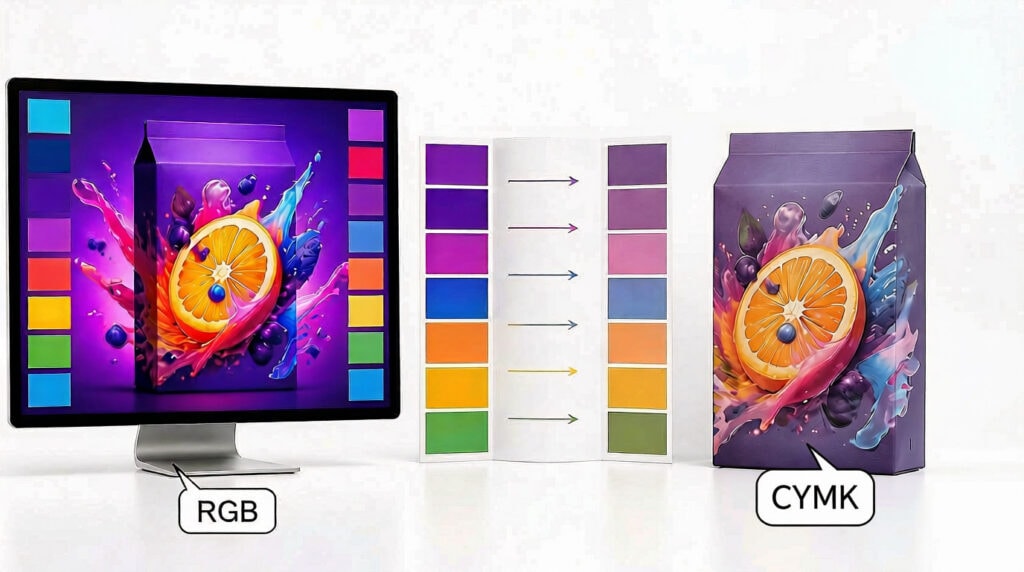 RGB to CMYK color conversion process for packaging design: digital screen design calibrated to printed pouch finished product