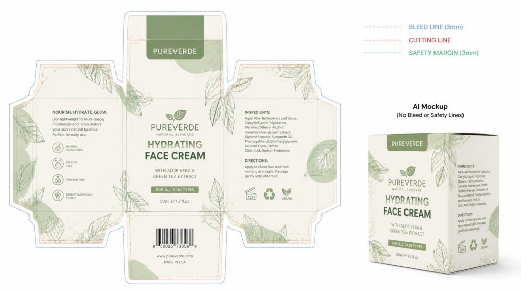 Skincare box die-cut template with printing safety lines vs AI 3D packaging mockup finished effect