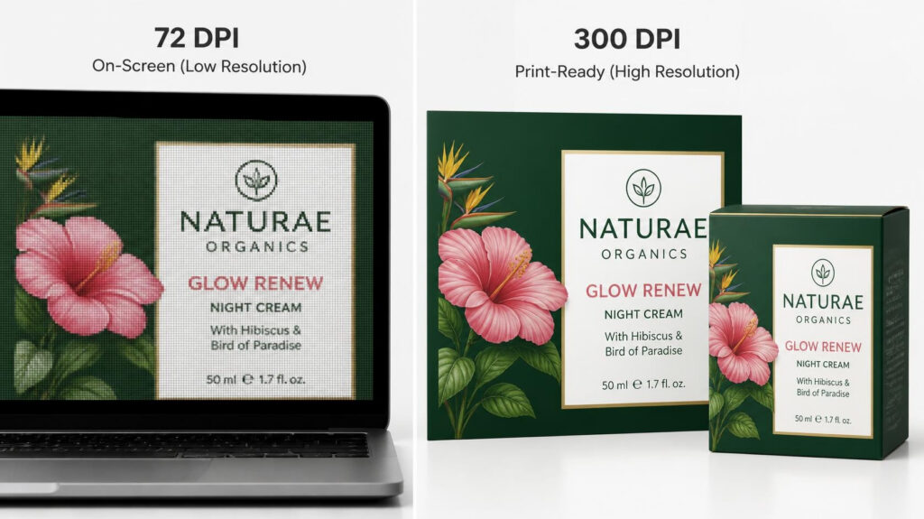 72DPI screen low-res design vs 300DPI high-resolution print-ready cosmetic packaging artwork comparison