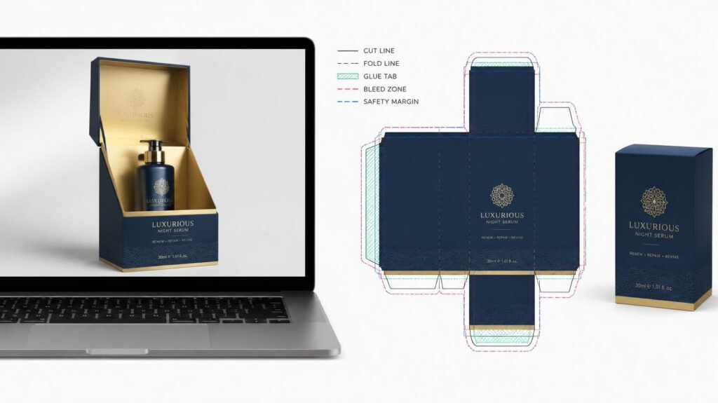 Luxury night serum gift box structural die-cut drawing with folding glue lines + AI open & closed box 3D mockup preview