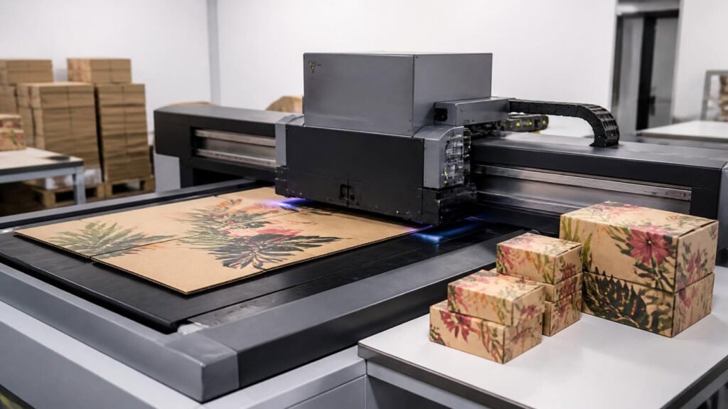 Industrial UV flatbed printer printing floral artwork on kraft cardboard boxes, packaging factory workshop commercial realistic photography