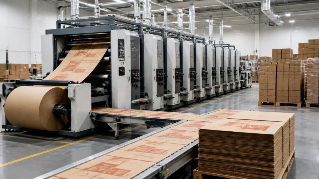 Large flexographic printing press running kraft paper rolls, corrugated cardboard packaging mass production workshop industrial photography