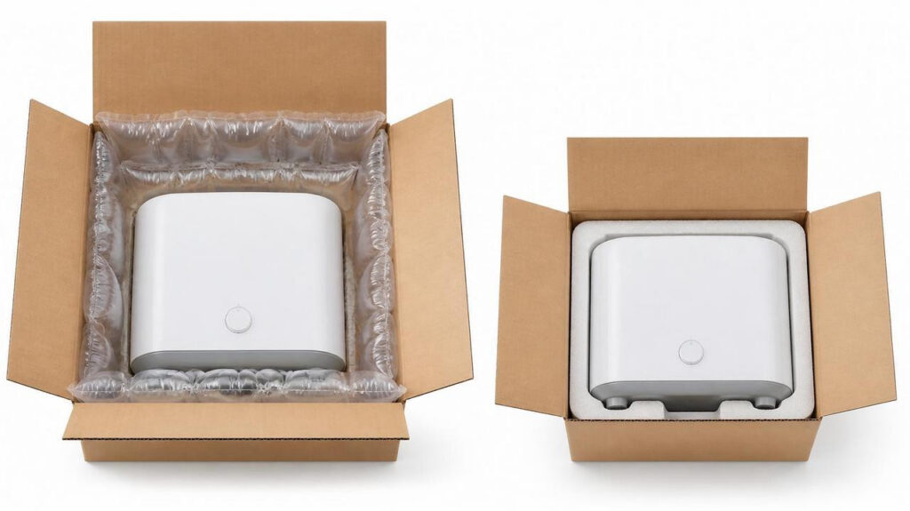 Electronics shipping boxes with air column bag and EPE foam insert, shipping box size tailored to products