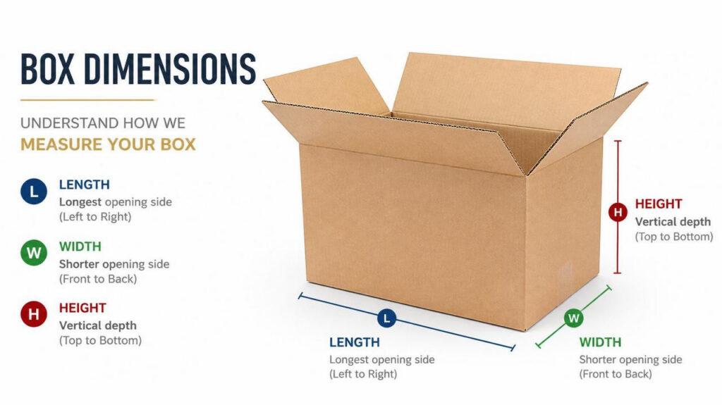 Diagram of length width height measurement for shipping cartons, illustrating shipping box size calculation rules