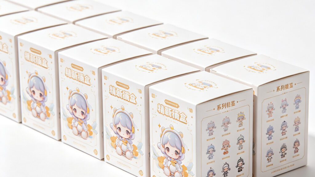 Neatly arranged white cartoon girl character blind boxes with series illustration checklist on side
