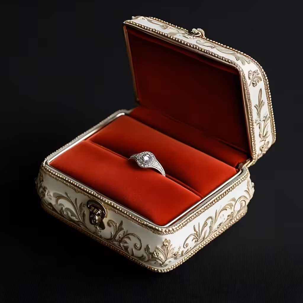 Vintage engraved metal frame red velvet ring box custom jewelry display