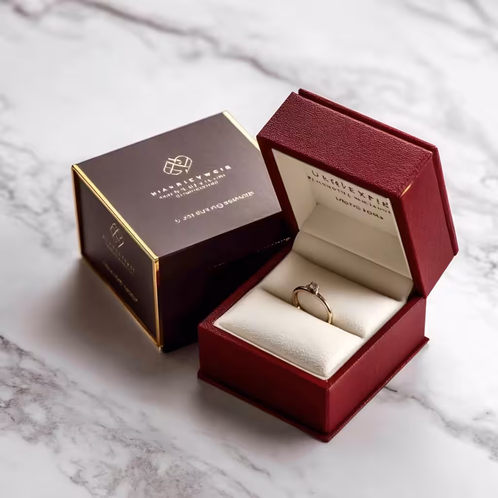 Wine red PU leather flip custom jewelry box with gold foil logo and trim for diamond ring
