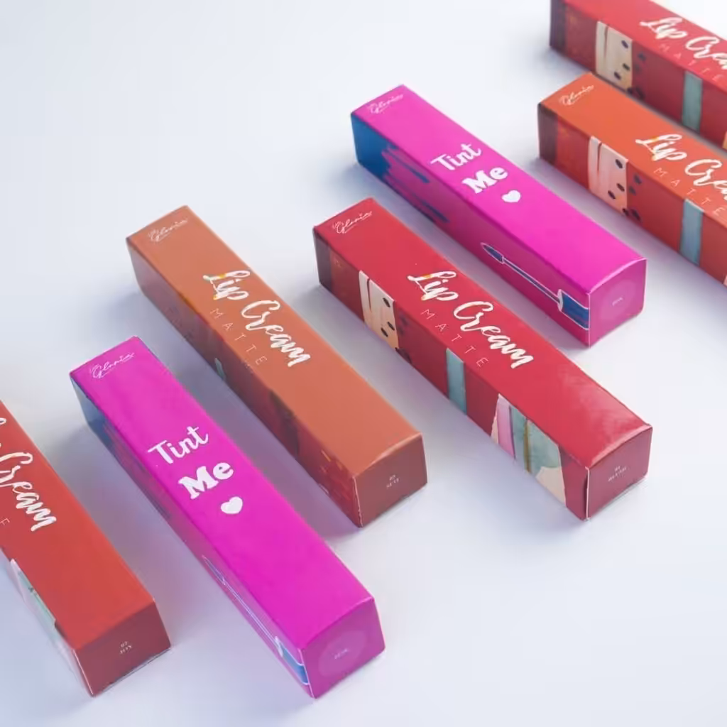 Custom Lip Gloss Boxes multi-color matte lip cream packaging cartons with handwritten font and pattern custom printing