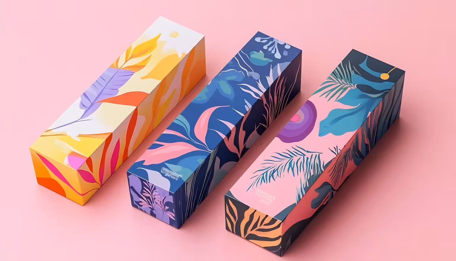 Three long rectangular custom printed paper boxes with tropical leaf abstract art pattern packaging