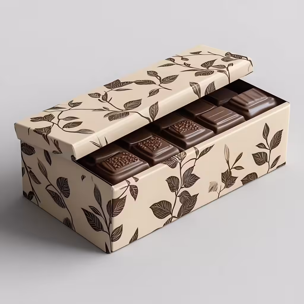 Custom leaf printed flip top rectangular chocolate packaging gift box