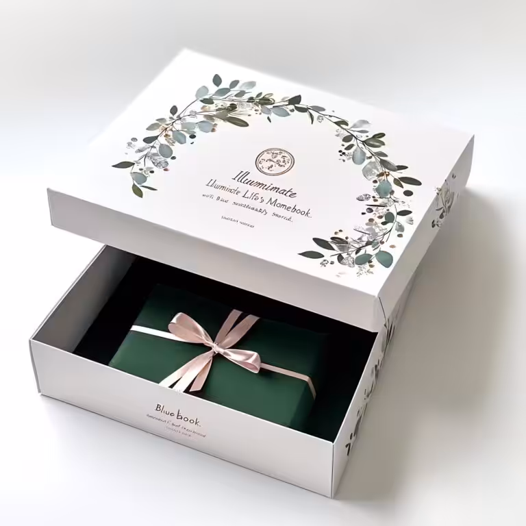 White eucalyptus wreath printed flip custom gift box with satin ribbon
